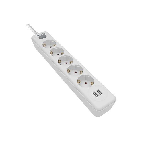 Base Múltiple 5 Tomas Schuko, Con Interruptor + 2 Usb A, 2 M Cable, 16A 230V~, Blanca