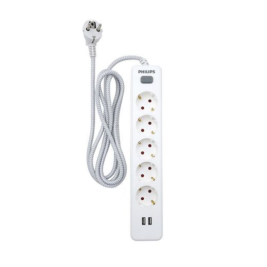 Base Múltiple 5 Tomas Schuko, Con Interruptor + 2 Usb A, 2 M Cable, 16A 230V~, Blanca