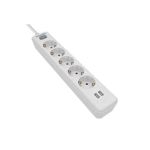 Base Múltiple 5 Tomas Schuko, Con Interruptor + 2 Usb A, 2 M Cable, 16A 230V~, Blanca