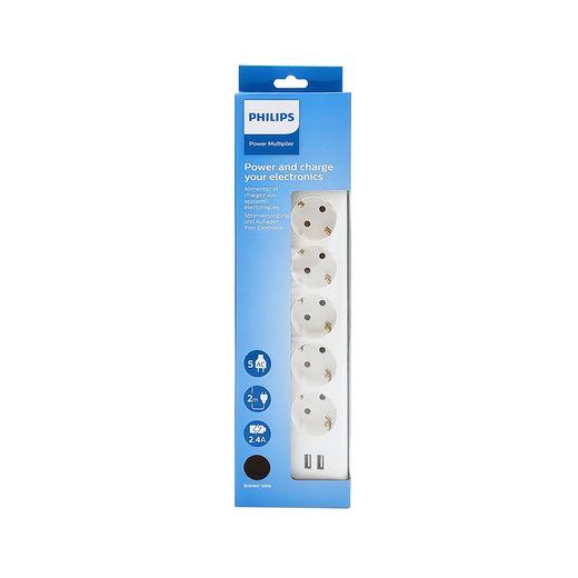 Base Múltiple 5 Tomas Schuko, Con Interruptor + 2 Usb A, 2 M Cable, 16A 230V~, Blanca