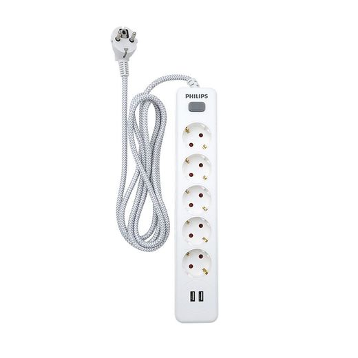 Base Múltiple 5 Tomas Schuko, Con Interruptor + 2 Usb A, 2 M Cable, 16A 230V~, Blanca