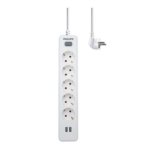 Base Múltiple 5 Tomas Schuko, Con Interruptor + 2 Usb A, 2 M Cable, 16A 230V~, Blanca