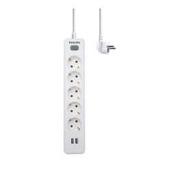 Base Múltiple 5 Tomas Schuko, Con Interruptor + 2 Usb A, 2 M Cable, 16A 230V~, Blanca