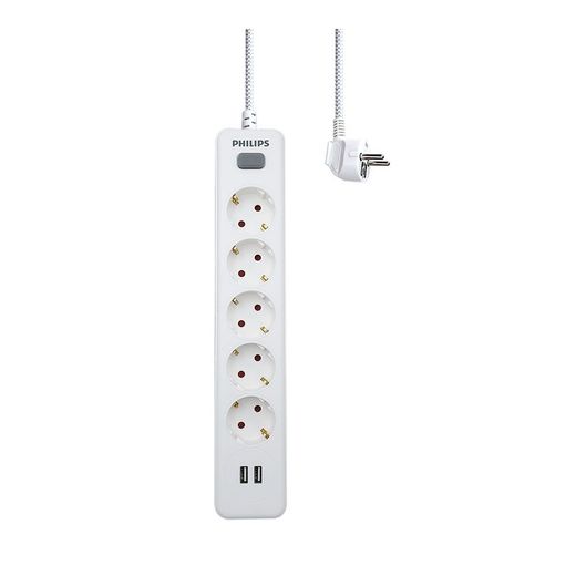 Base Múltiple 5 Tomas Schuko, Con Interruptor + 2 Usb A, 2 M Cable, 16A 230V~, Blanca