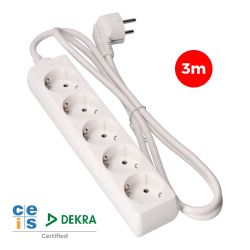 Base Múltiple, 5 Tomas Schuko 2P+T, 3 M De Cable H05Vv-F 3G1,5 Mm² 16A 250V~ 3680 W, Blanca
