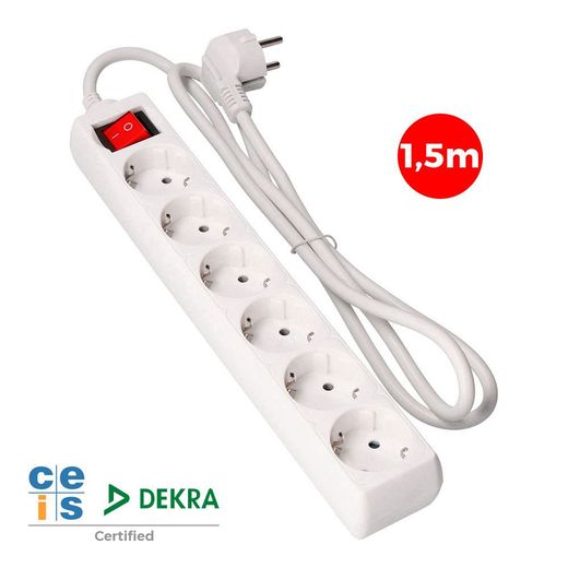 Base Múltiple 6 Tomas 2P+T Con Interruptor Luminoso, 16A 250 V~ 1,5 M De Cable H05Vv-F 3 G 1,5 Mm² Blanca