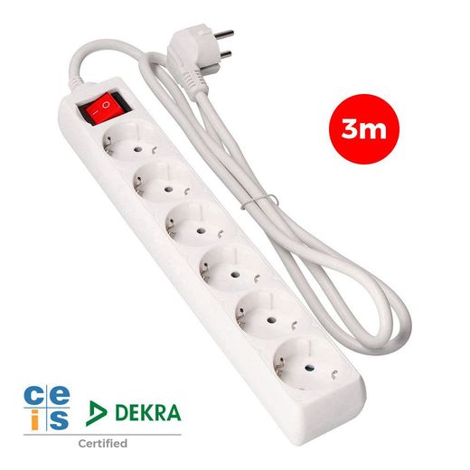 Base Múltiple 6 Tomas 2P+T Con Interruptor Luminoso, 3 M De Cable H05Vv-F 3G1,5 Mm², Blanca