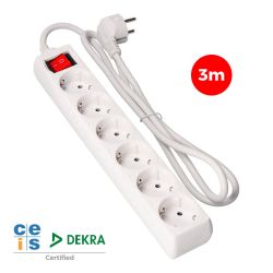 Base Múltiple 6 Tomas 2P+T Con Interruptor Luminoso, 3 M De Cable H05Vv-F 3G1,5 Mm², Blanca