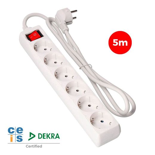 Base Múltiple 6 Tomas 2P+T Con Interruptor Luminoso, 5 M De Cable H05Vv-F 3G1,5 Mm², Blanca