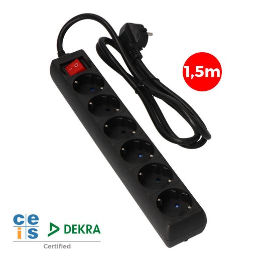Base Múltiple 6 Tomas 2P+T Con Interruptor Luminoso, 1,5 M De Cable H05Vv-F 3G1,5 Mm², 16A 250V~, Negra
