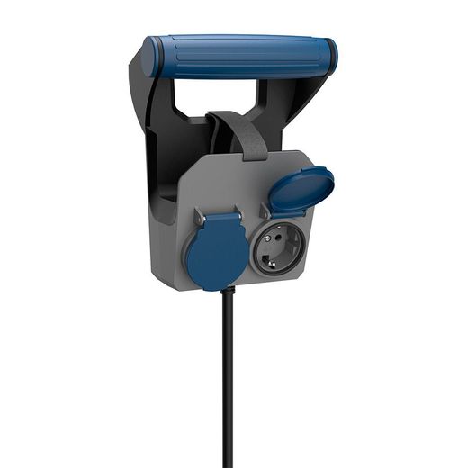 Base Múltiple 2 Tomas Schuko, Ip44, 10 M De Cable H05Rr-F 4G1,5 Mm², 16A 230V~, Gris/Azul/Negro