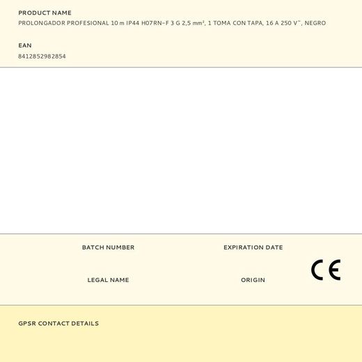 Prolongador Profesional 10 M, Ip44, H07Rn-F 3 G 2,5 Mm², 1 Toma Con Tapa, 16 A 250 V~, Negro