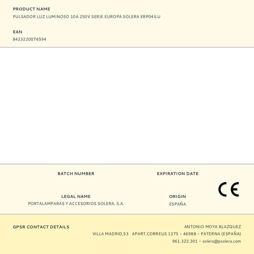 Pulsador Luz Luminoso 10A 250V Serie Europa Solera Erp04Ilu