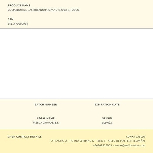 Quemador De Gas Butano/Propano Ø20Cm 1 Fuego