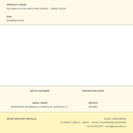 Recambio Filtro Ares Para Fg5562 - 78400 Fagor