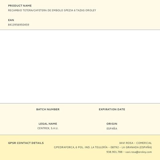 Recambio Tetera/Cafetera De Embolo Spezia 6 Tazas Oroley