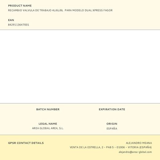 Recambio Valvula De Trabajo 4L/6L/8L  Para Modelo Dual Xpress Fagor