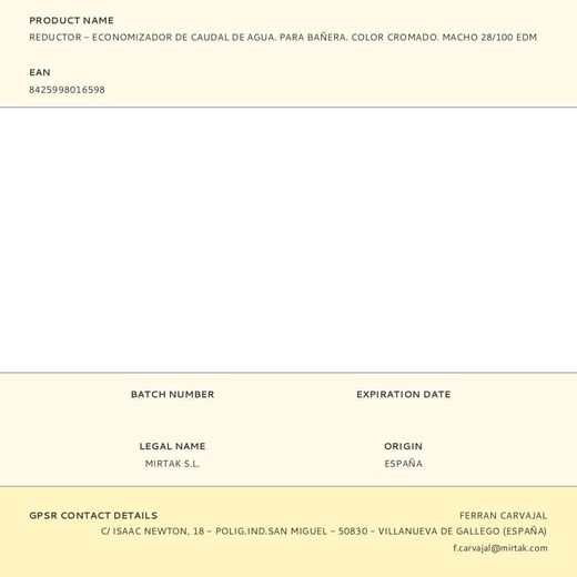 Reductor - Economizador De Caudal De Agua. Para Bañera. Color Cromado. Macho 28/100 Edm