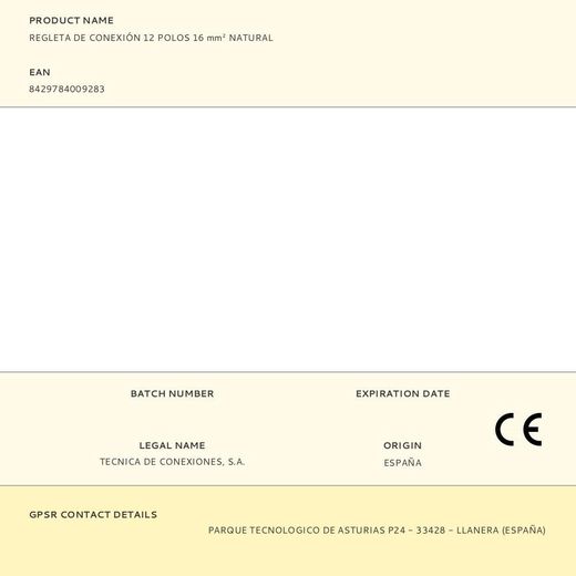 Regleta De Conexión 12 Polos 16 Mm² Natural
