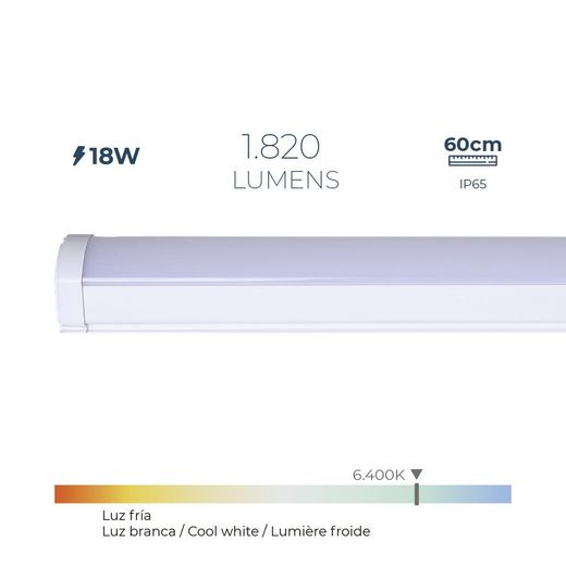 Regleta Led 18 W 6.400 K Luz Fría 1.820 Lm 60 X 4,6 X 5,1 Cm