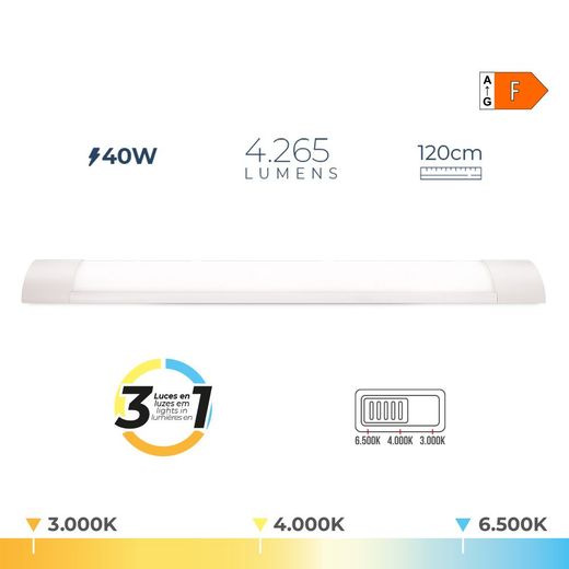 Regleta Led 40 W Temperatura De Luz Variable  6500 K / 4000 K / 3000 K, 3Cct, 4265 Lm, 120 X 2,6 X 7,4 Cm