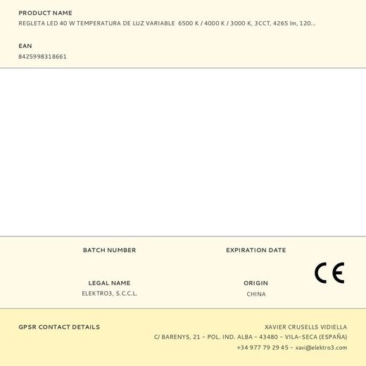 Regleta Led 40 W Temperatura De Luz Variable  6500 K / 4000 K / 3000 K, 3Cct, 4265 Lm, 120 X 2,6 X 7,4 Cm
