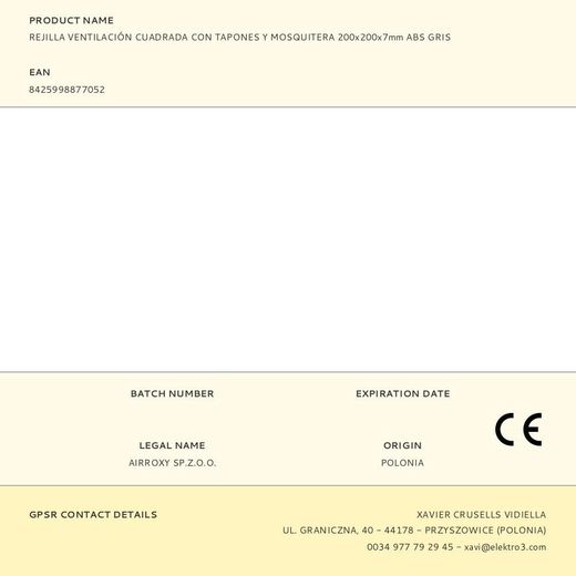 Rejilla Ventilación Cuadrada Con Tapones Y Mosquitera 200X200X7Mm Abs Gris