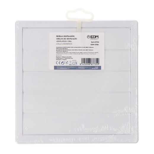 Rejilla Ventilación Cuadrada Empotrable Con Lamas Móviles 170X170Mm Enclavamiento Ø100Mm Abs Blanca