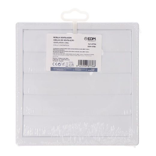 Rejilla Ventilación Cuadrada Empotrable Con Lamas Móviles 170X170Mm Enclavamiento Ø120Mm Abs Blanca