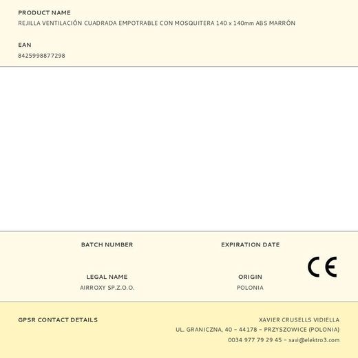 Rejilla Ventilación Cuadrada Empotrable Con Mosquitera 140 X 140Mm Abs Marrón
