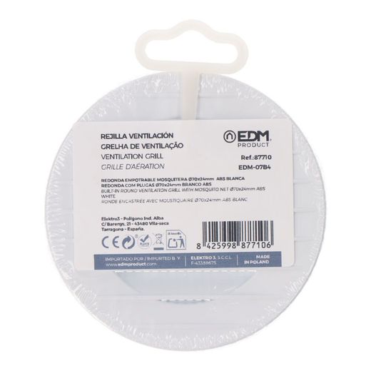 Rejilla Ventilación Redonda Empotrable Con Mosquitera Ø70Mm Abs Blanca