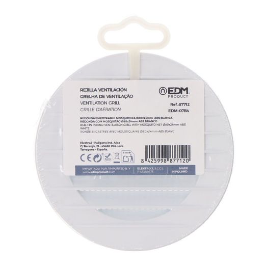 Rejilla Ventilación Redonda Empotrable Con Mosquitera Ø80Mm Abs Blanca