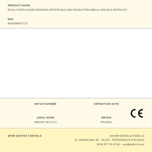 Rejilla Ventilación Redonda Empotrable Con Mosquitera Ø80Mm Abs Gris Antracita