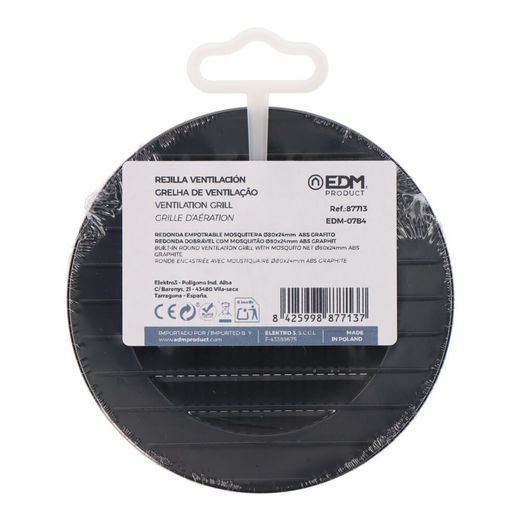 Rejilla Ventilación Redonda Empotrable Con Mosquitera Ø80Mm Abs Gris Antracita