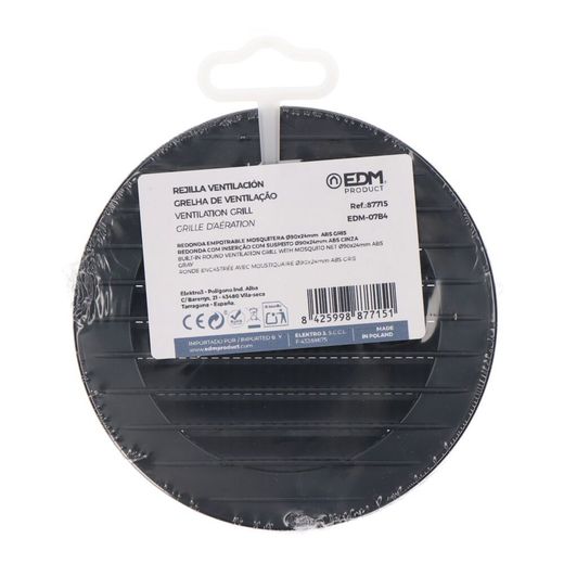 Rejilla Ventilación Redonda Empotrable Con Mosquitera Ø90Mm Abs Gris Antracita