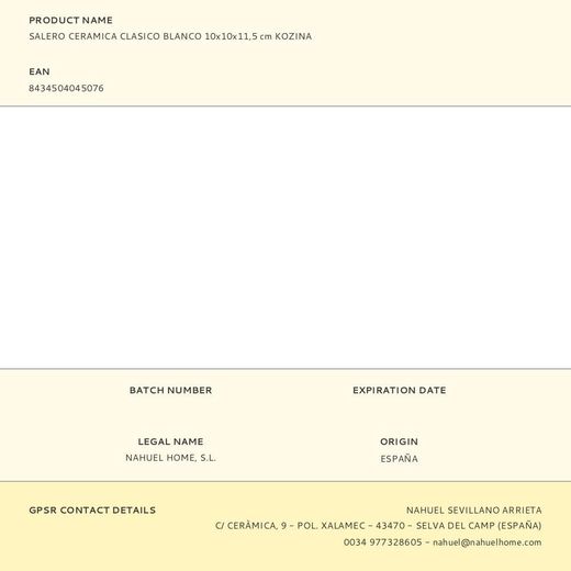 Salero Cerámica Clásico Blanco 10 X 10 X 11,5 Cm