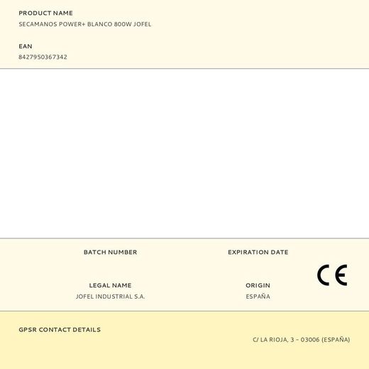 Secamanos Power+ Blanco 800W Jofel