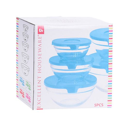 Set 5 Fiambreras De Vidrio Tipo Bol Colores Surtidos
