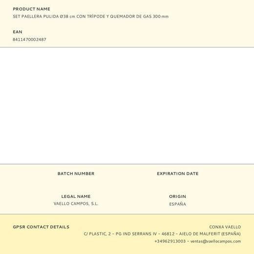 Set Paellera Pulida Ø38Cm Con Trípode Y Quemador De Gas 300 Mm