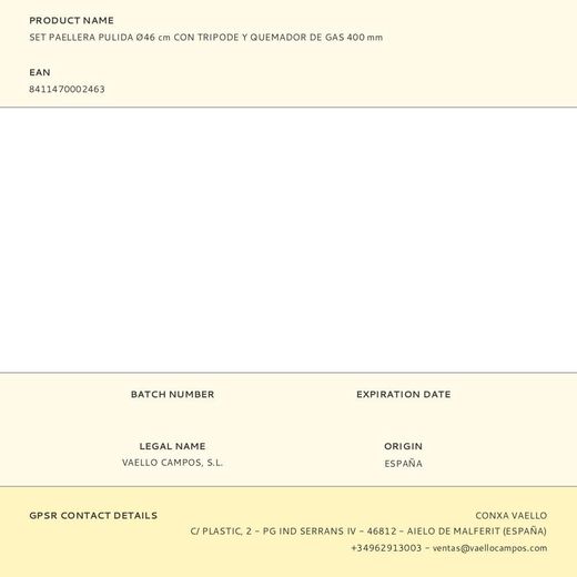 Set Paellera Pulida Ø46Cm Con Tripode Y Quemador De Gas 400 Mm
