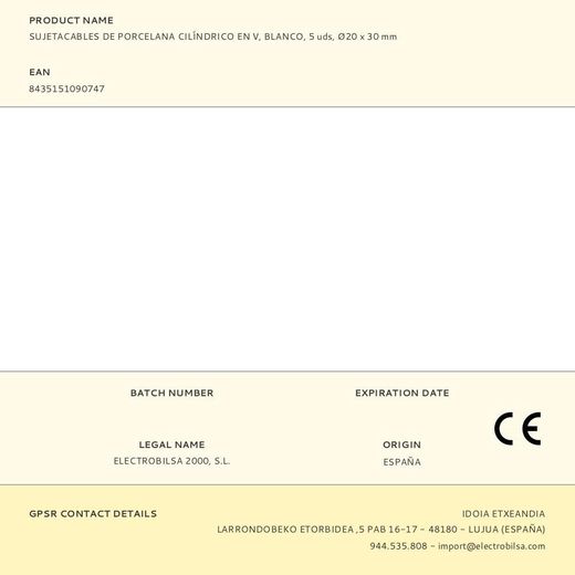 Sujetacables De Porcelana Cilíndrico En V, Blanco, 5 Uds, Ø20 X 30 Mm