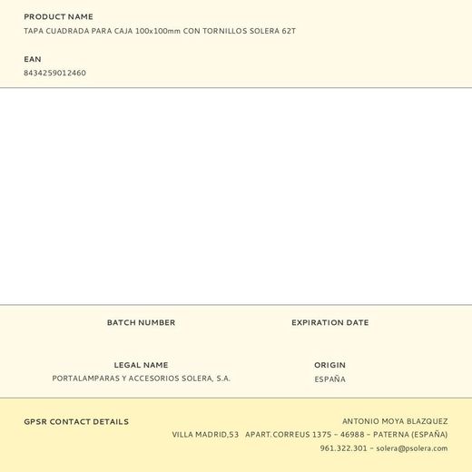 Tapa Cuadrada Para Caja 100X100Mm Con Tornillos Solera 62T
