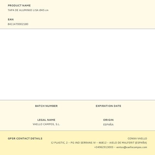 Tapa De Aluminio Lisa Ø45 Cm