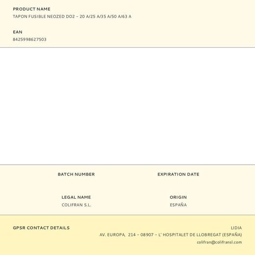 Tapon Fusible Neozed D02 20 A/25 A/35 A/50 A/63 A