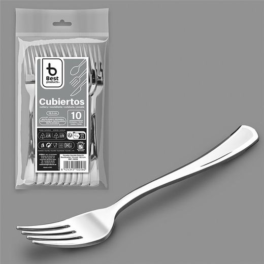 Tenedor Reutilizable Color Plata 18,5 Cm, 10 Uds