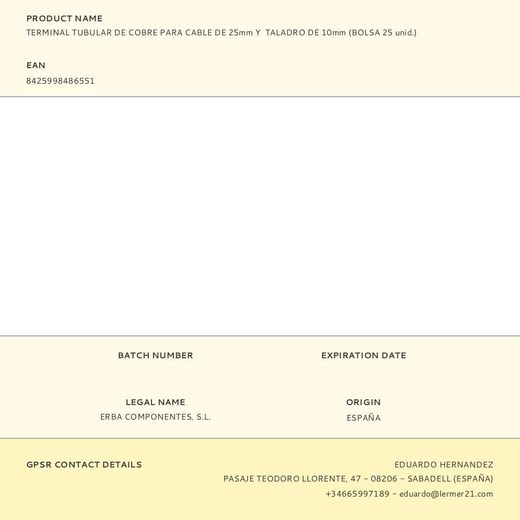 Terminal Tubular De Cobre Para Cable De 25 Mm Y Taladro De 10 Mm, Bolsa 25 Uds