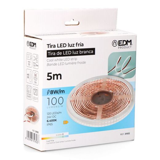 Tira Led Adhesiva 6.400 K 8 W/M 100 Lm/W 24 V Dc Ip65,  5 M X 10 Mm Luz Fria