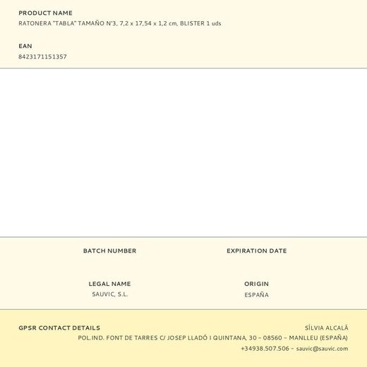 Trampa Para Ratones Tamaño N°3, 7,2 X 17,54 X 1,2 Cm, Blister