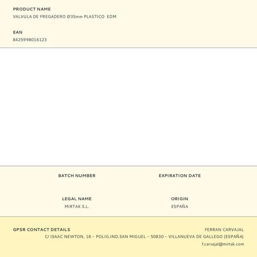 Valvula De Fregadero Ø35Mm Plastico  Edm