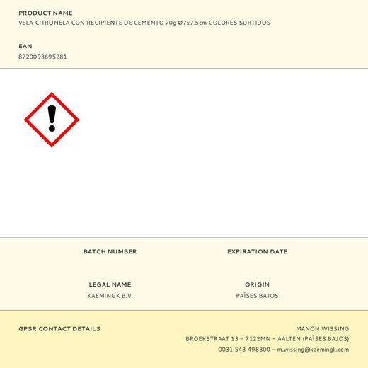 Vela Citronela Con Recipiente De Cemento, 70 G, Ø7 X 7,5 Cm, Colores Surtidos